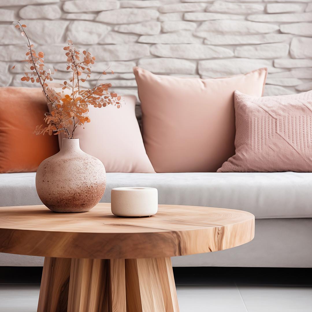Pehmeän vaalea ja vaaleanpunaisella höystetty sisustus. Vaalealla sohvalla on vaalean pinkit tyynyt ja sohvan edessä kahvipöytä vaaleasta puusta.