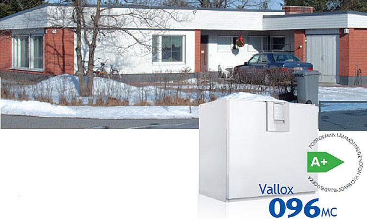 Vallox 096 MC A+ luokan matalaenergiailmanvaihtoon kerros- ja rivitaloasuntoihin ja pieniin omakotitaloihin. Max 130 m². Ohjaus SC-ohjaimella, ProControlohjaimella tai liesikuvulla.