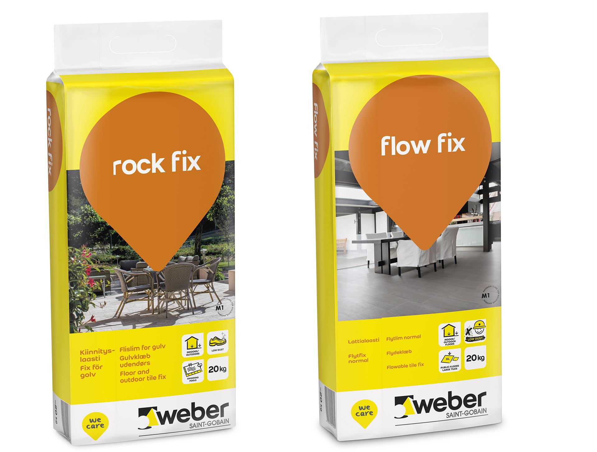 weber rock fix uima-altaille ja raskaasti kuormitetuille lattioille, weber flow fix kotiin ja julkisiin tiloihin, myös isoille laatoille