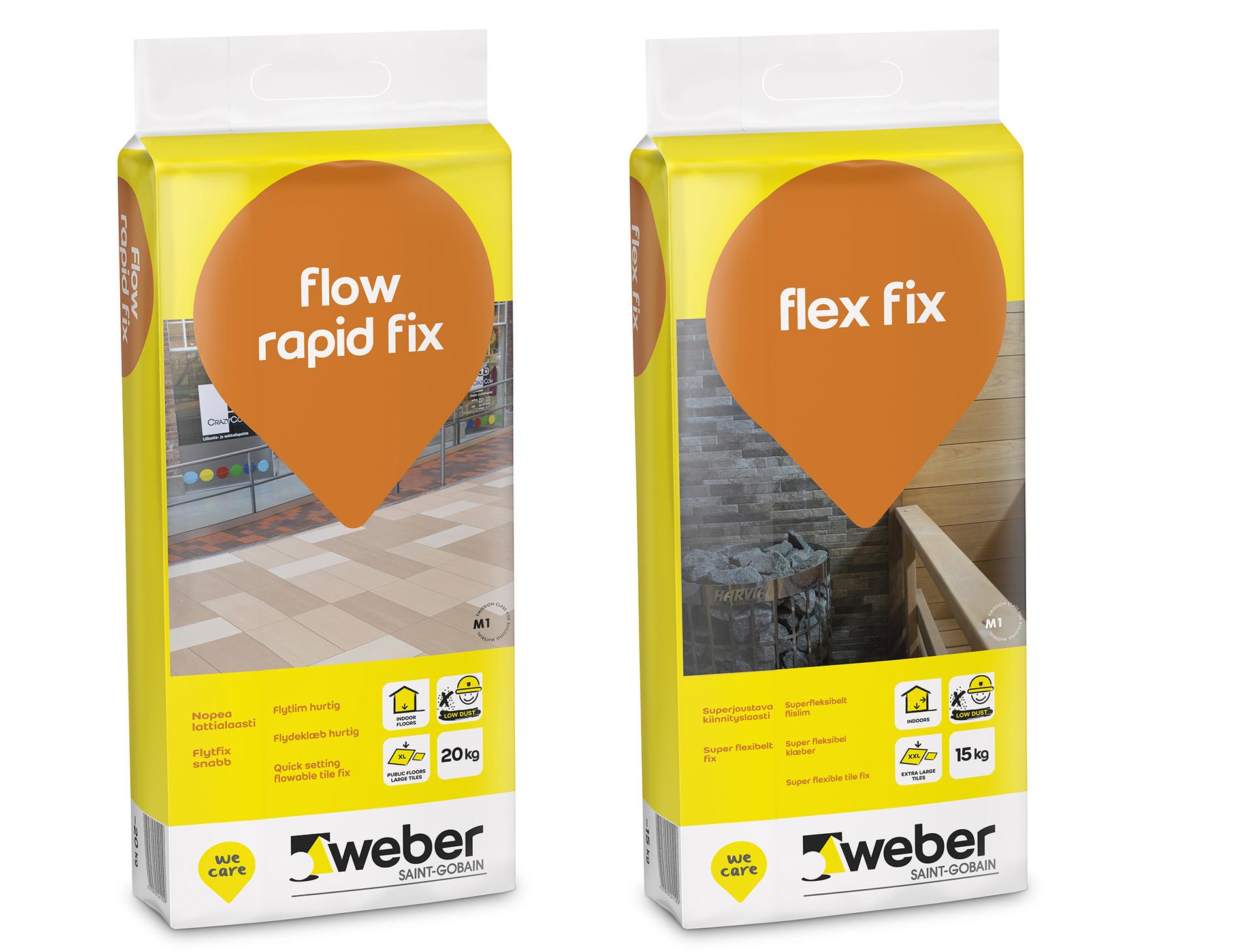 weber flow rapid fix isojen laattojen laatoitukseen, weber flex fix levyrakennelattioille, uusille betonialustoille, saunan seiniin ja kuorellisiin tulisijoihin