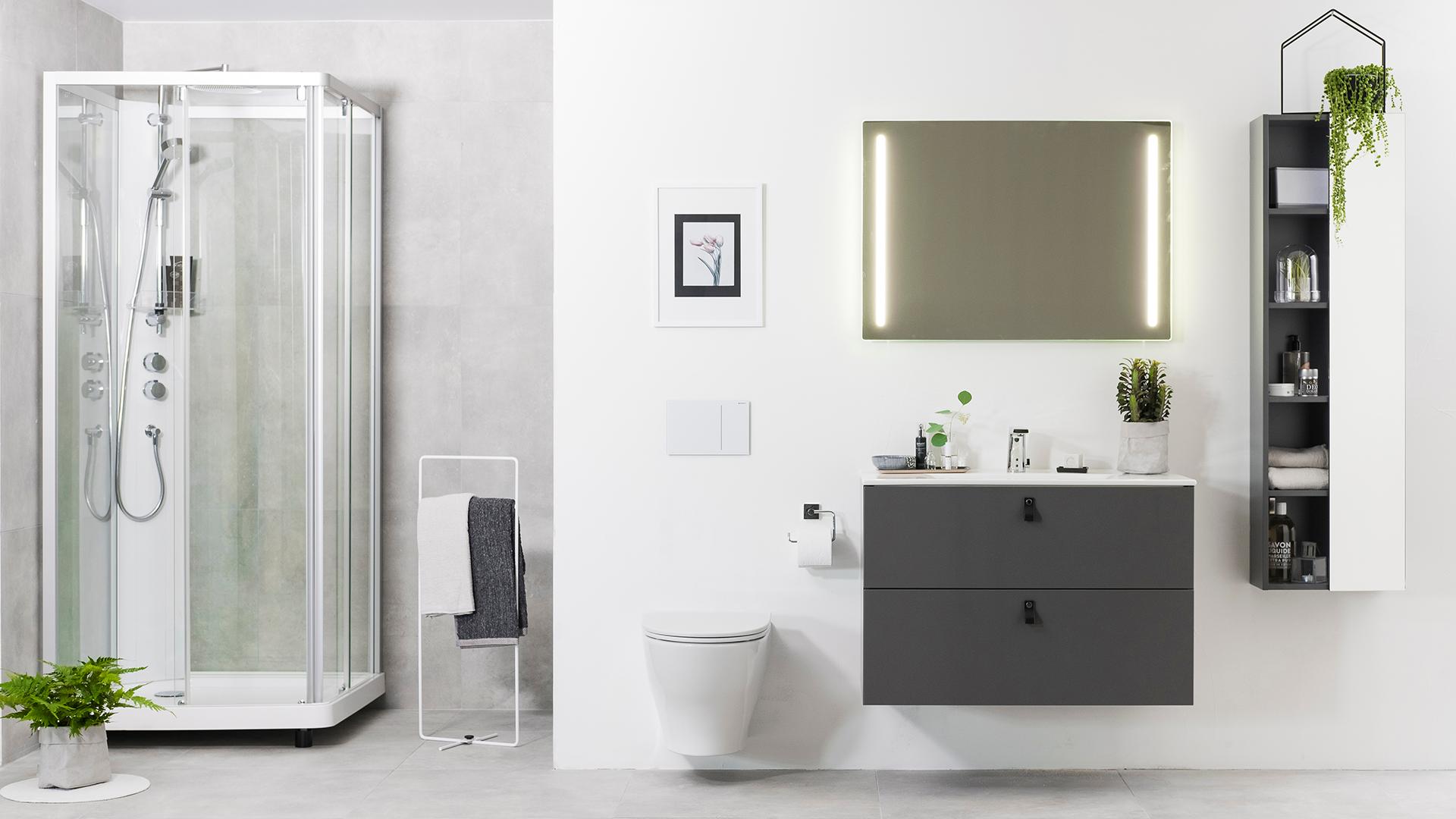 IDO Elegant -alakaappi ja tasoallas, IDO Glow -seinä-wc ja IDO Showerama -suihkukaappi.