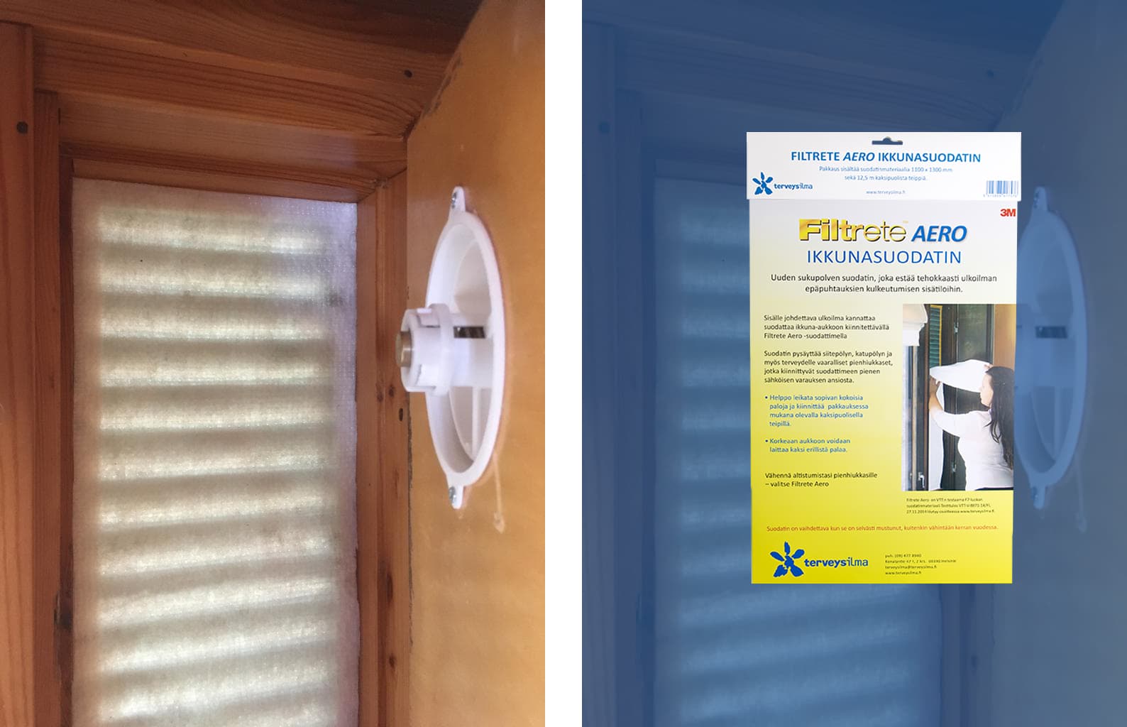 <p data-block-key="p88bo">Filtrete Aero-suodatin asennettuna tuuletusikkunaan.</p>