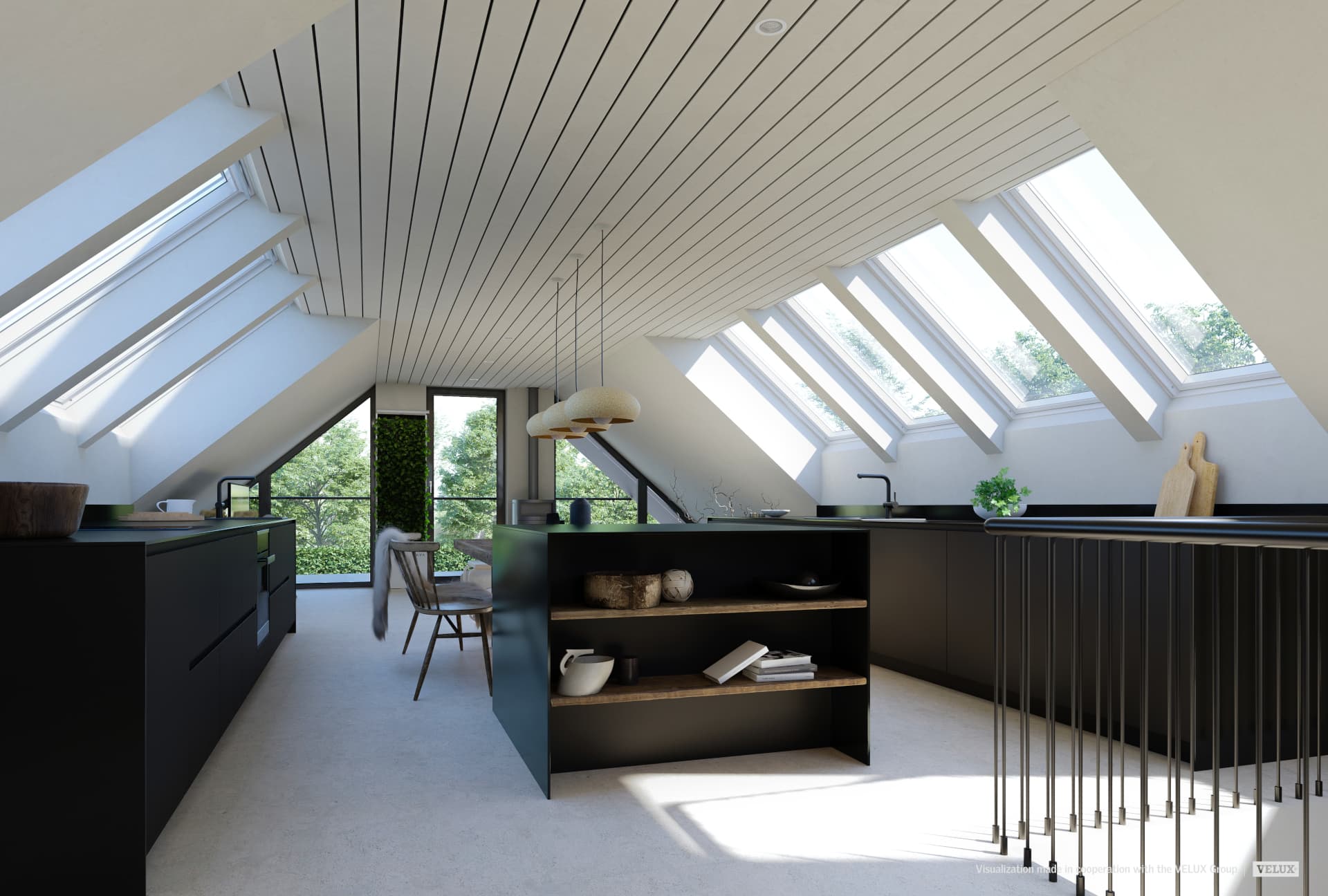 <p data-block-key="1vrnc">Kattoikkunoista luonnonvalo pääsee tulvimaan kauniisti sisään keittiöön.</p>