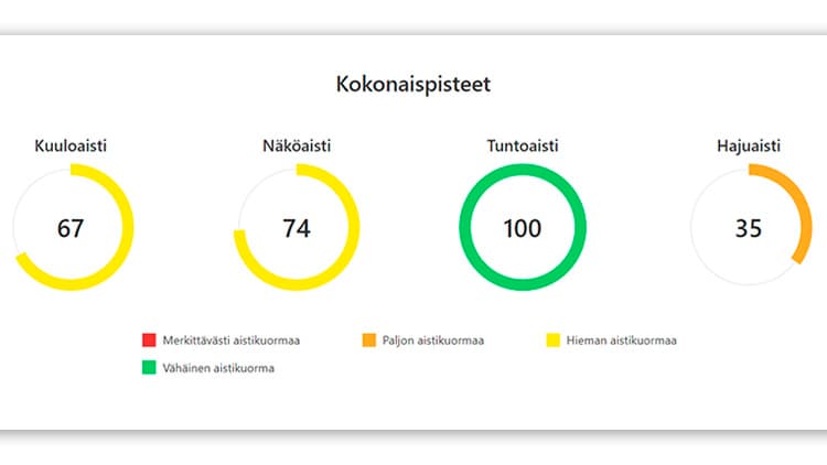 <p data-block-key="3zne0">Sovellus kertoo sinulle graafisesti, mitkä osa-alueet tarvitsevat lisää huomiota aistiesteettömyyttä mietittäessä.</p>